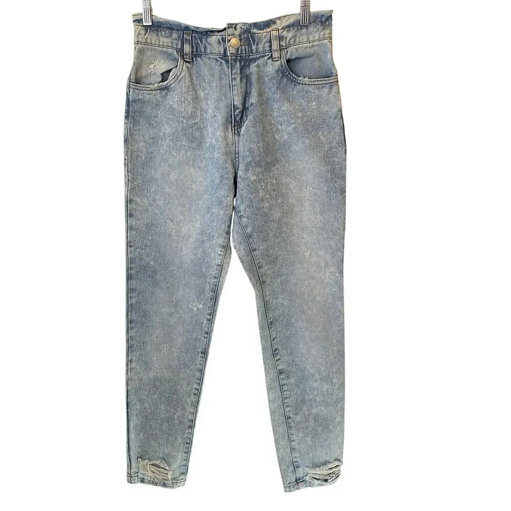Y2K Refuge Denim Mom’s Jeans Paperbag High Rise Acid Wash Blue Distressed Sz S/P